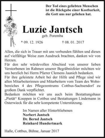 Traueranzeige von Luzie Jantsch (geb. Poremba)  von Magdeburger Volksstimme