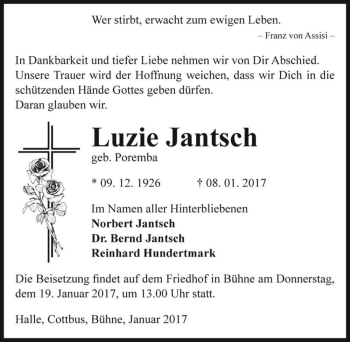 Traueranzeige von Luzie Jantsch (geb. Poremba)  von Magdeburger Volksstimme