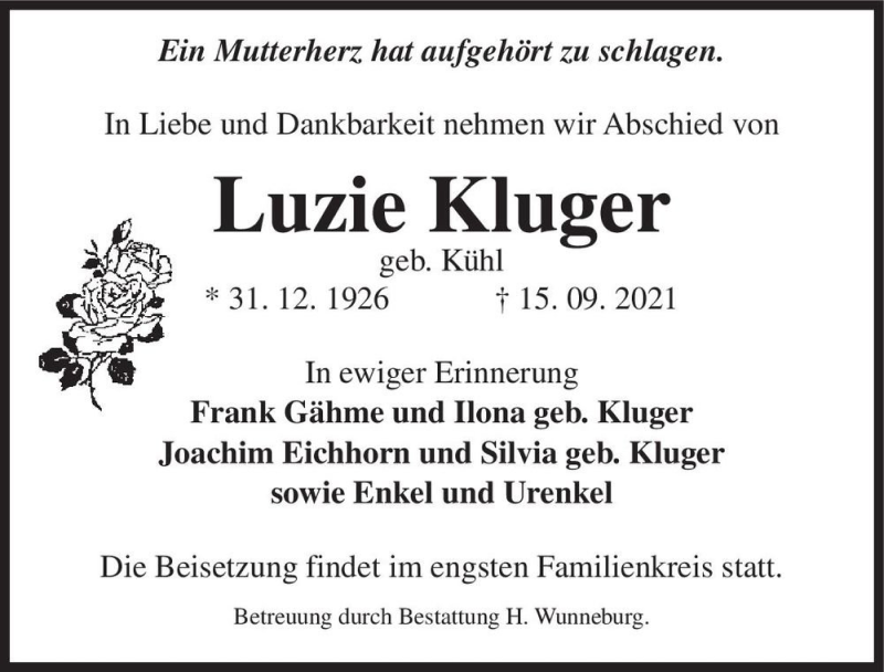  Traueranzeige für Luzie Kluger (geb. Kühl)  vom 25.09.2021 aus Magdeburger Volksstimme
