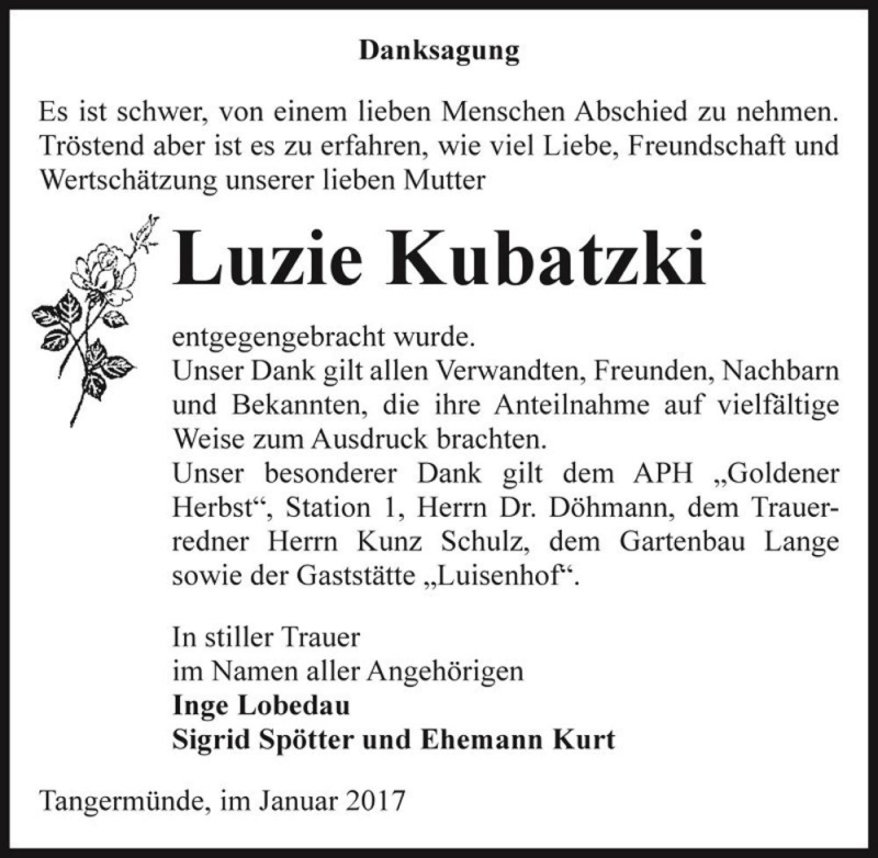  Traueranzeige für Luzie Kubatzki  vom 25.01.2017 aus Magdeburger Volksstimme
