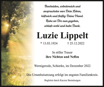 Traueranzeige von Luzie Lippelt  von Magdeburger Volksstimme