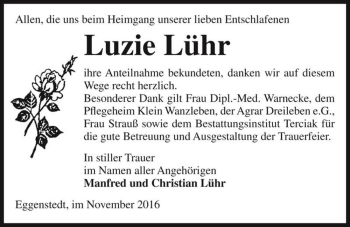 Traueranzeige von Luzie Lühr  von Magdeburger Volksstimme