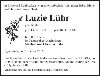 Traueranzeige von Luzie Lühr (geb. Köpke)  von Magdeburger Volksstimme