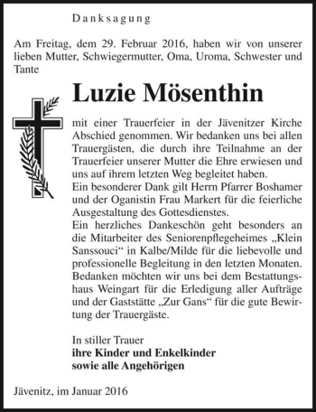 Traueranzeige von Luzie Mösenthin  von Magdeburger Volksstimme