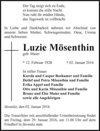 Traueranzeige von Luzie Mösenthin (geb. Maier)  von Magdeburger Volksstimme