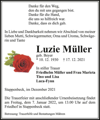 Traueranzeige von Luzie Müller (geb. Beyer)  von Magdeburger Volksstimme
