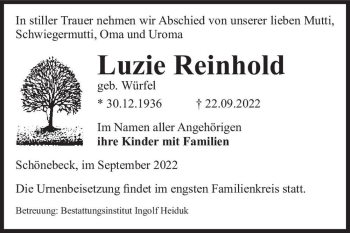 Traueranzeige von Luzie Reinhold (geb. Würfel)  von Magdeburger Volksstimme
