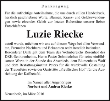 Traueranzeige von Luzie Riecke  von Magdeburger Volksstimme