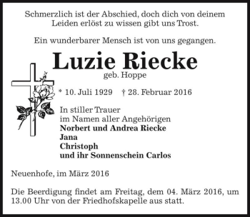 Traueranzeige von Luzie Riecke (geb. Hoppe)  von Magdeburger Volksstimme