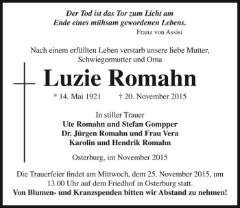 Traueranzeige von Luzie Romahn  von Magdeburger Volksstimme