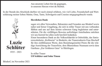 Traueranzeige von Luzie Schlüter  von Magdeburger Volksstimme