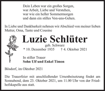 Traueranzeige von Luzie Schlüter (geb. Schwarz)  von Magdeburger Volksstimme