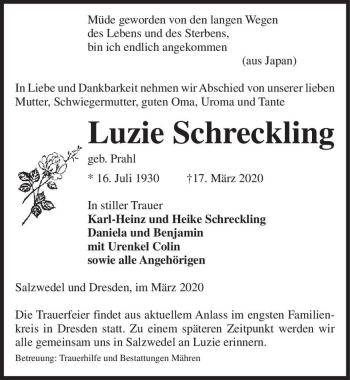 Traueranzeige von Luzie Schreckling (geb. Prahl)  von Magdeburger Volksstimme