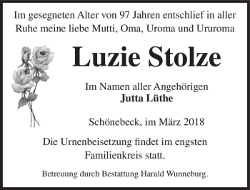 Traueranzeige von Luzie Stolze  von Magdeburger Volksstimme