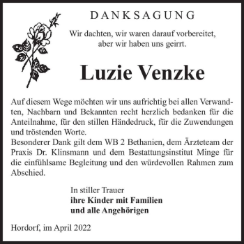 Traueranzeige von Luzie Venzke  von Magdeburger Volksstimme