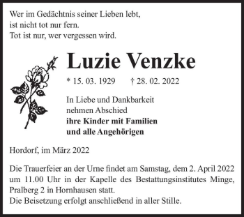 Traueranzeige von Luzie Venzke  von Magdeburger Volksstimme