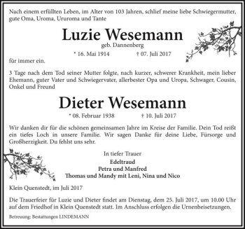Traueranzeige von Luzie Wesemann (geb. Dannenberg) und Dieter Wesemann  von Magdeburger Volksstimme