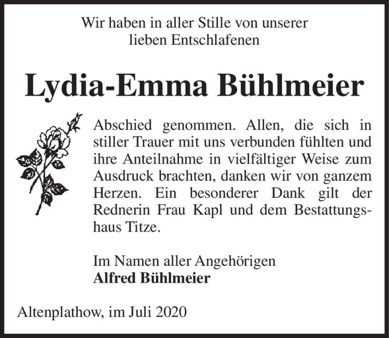  Traueranzeige für Lydia-Emma Bühlmeier  vom 04.07.2020 aus Magdeburger Volksstimme