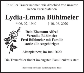 Traueranzeige von Lydia-Emma Bühlmeier  von Magdeburger Volksstimme