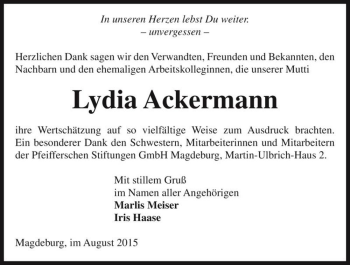 Traueranzeige von Lydia Ackermann  von Magdeburger Volksstimme