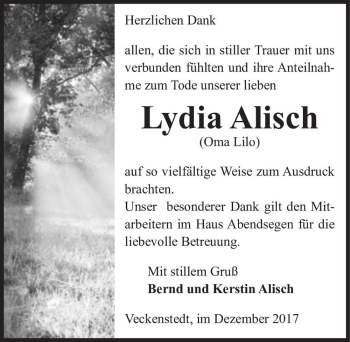 Traueranzeige von Lydia Alisch (Oma Lilo)  von Magdeburger Volksstimme