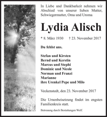 Traueranzeige von Lydia Alisch  von Magdeburger Volksstimme
