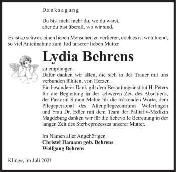 Traueranzeige von Lydia Behrens  von Magdeburger Volksstimme
