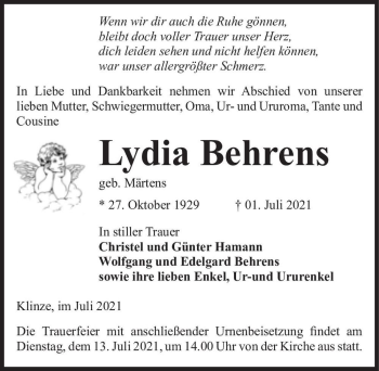 Traueranzeige von Lydia Behrens (geb. Märtens)  von Magdeburger Volksstimme