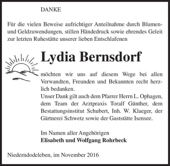 Traueranzeige von Lydia Bernsdorf  von Magdeburger Volksstimme