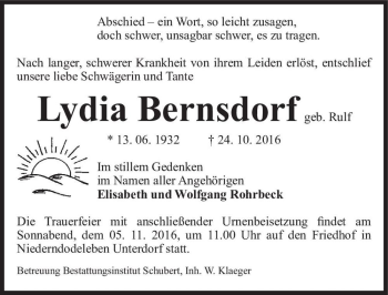 Traueranzeige von Lydia Bernsdorf (geb. Rulf)  von Magdeburger Volksstimme