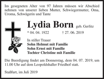 Traueranzeige von Lydia Born (geb. Gerlitz)  von Magdeburger Volksstimme