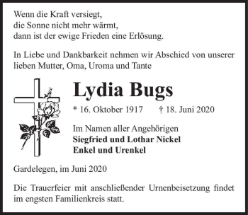 Traueranzeige von Lydia Bugs  von Magdeburger Volksstimme