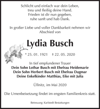 Traueranzeige von Lydia Busch  von Magdeburger Volksstimme