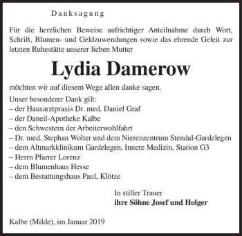 Traueranzeige von Lydia Damerow  von Magdeburger Volksstimme