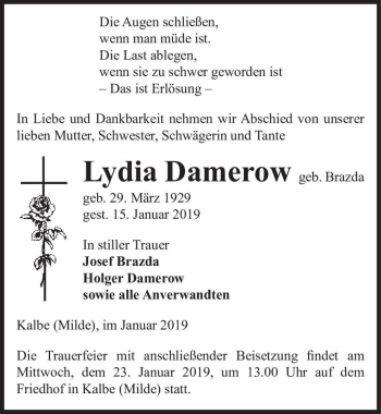 Traueranzeige von Lydia Damerow (geb. Brazda)  von Magdeburger Volksstimme