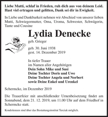 Traueranzeige von Lydia Denecke (geb. Grieger)  von Magdeburger Volksstimme