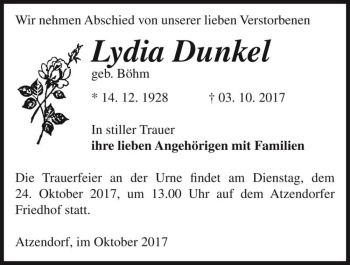 Traueranzeige von Lydia Dunkel (geb. Böhm)  von Magdeburger Volksstimme