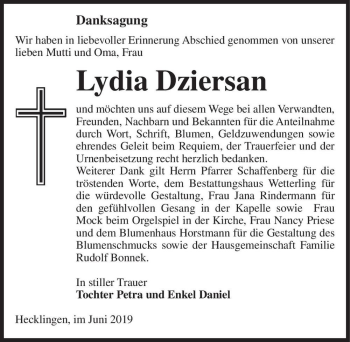 Traueranzeige von Lydia Dziersan  von Magdeburger Volksstimme