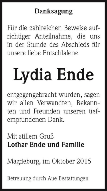 Traueranzeige von Lydia Ende  von Magdeburger Volksstimme