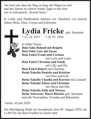 Traueranzeige von Lydia Fricke (geb. Seemann)  von Magdeburger Volksstimme