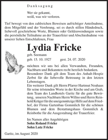 Traueranzeige von Lydia Fricke (geb. Seemann)  von Magdeburger Volksstimme