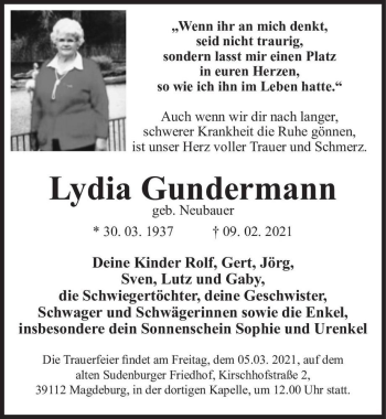 Traueranzeige von Lydia Gundermann (geb. Neubauer)  von Magdeburger Volksstimme