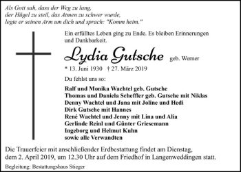 Traueranzeige von Lydia Gutsche (geb. Werner)  von Magdeburger Volksstimme