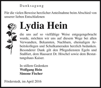 Traueranzeige von Lydia Hein  von Magdeburger Volksstimme