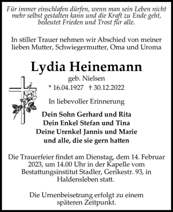 Traueranzeige von Lydia Heinemann (geb. Nielsen)  von Magdeburger Volksstimme