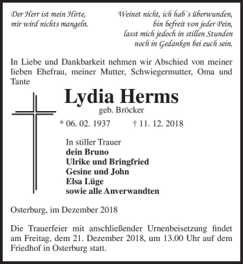 Traueranzeige von Lydia Herms (geb. Bröcker)  von Magdeburger Volksstimme