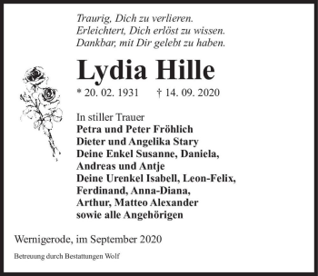 Traueranzeige von Lydia Hille  von Magdeburger Volksstimme