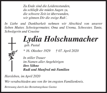 Traueranzeige von Lydia Holschumacher (geb. Pustal)  von Magdeburger Volksstimme