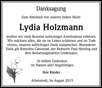 Traueranzeige von Lydia Holzmann  von Magdeburger Volksstimme