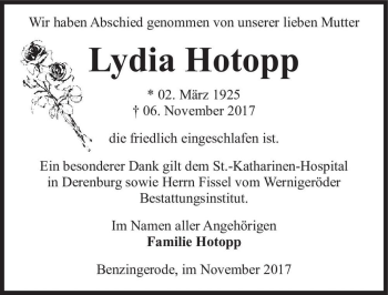 Traueranzeige von Lydia Hotopp  von Magdeburger Volksstimme